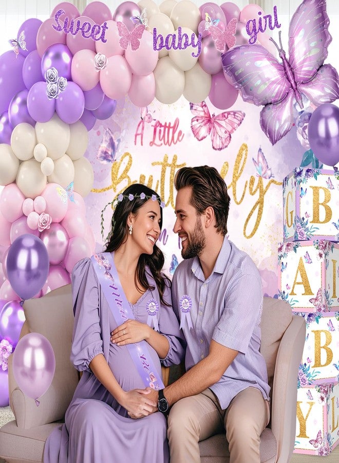 Fantspati Butterfly Baby Shower Decorations, Baby Girl Shower Decorations A Little Butterfly Is On The Way Backdrop Sash Tablecloth Cake Toppers Stickers Pink Purple Balloons Baby Boxes Baby Shower Girl Decor - Image 5